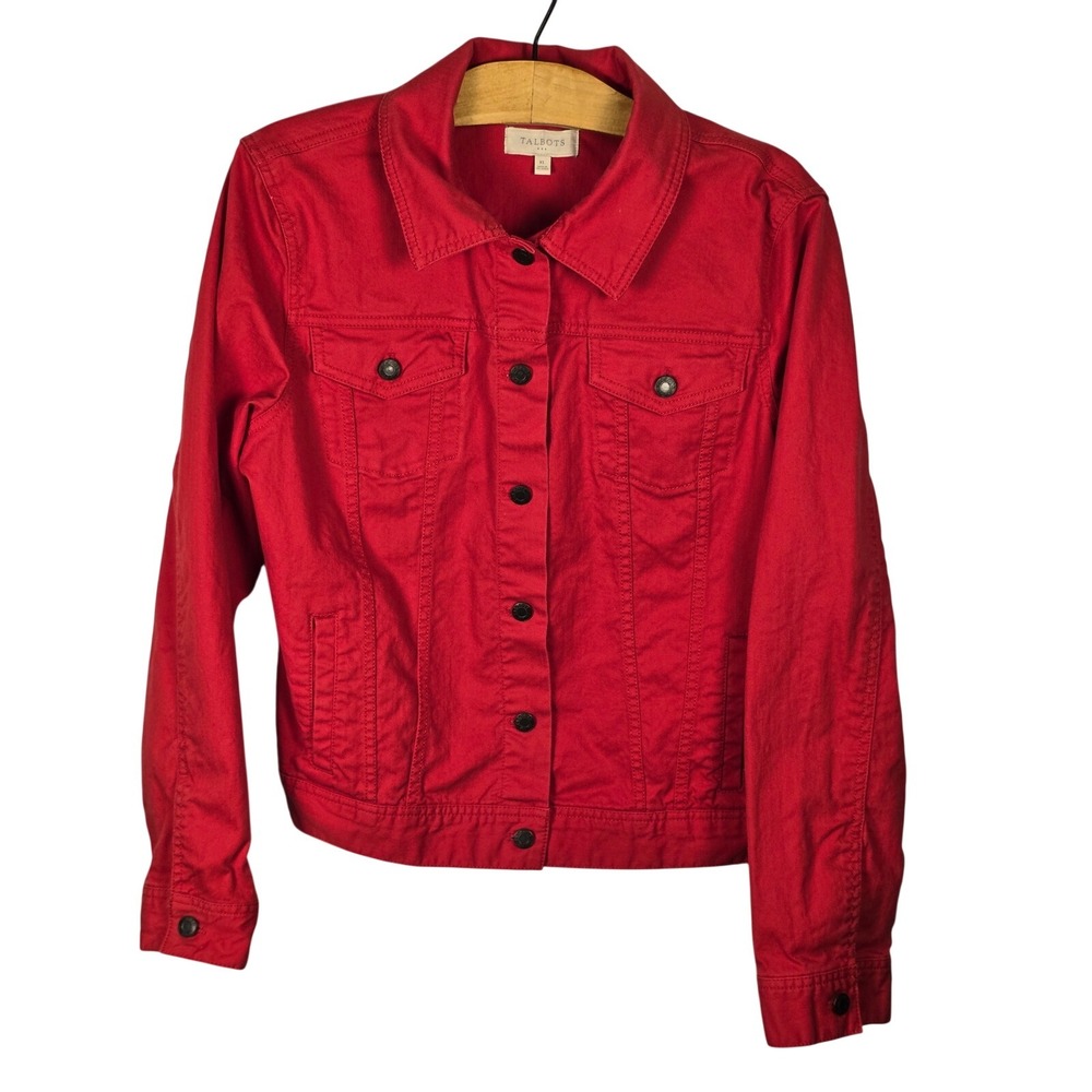 Talbots Womens Red Cotton Stretch Denim Style Trucker Jacket XL Preppy Nautical